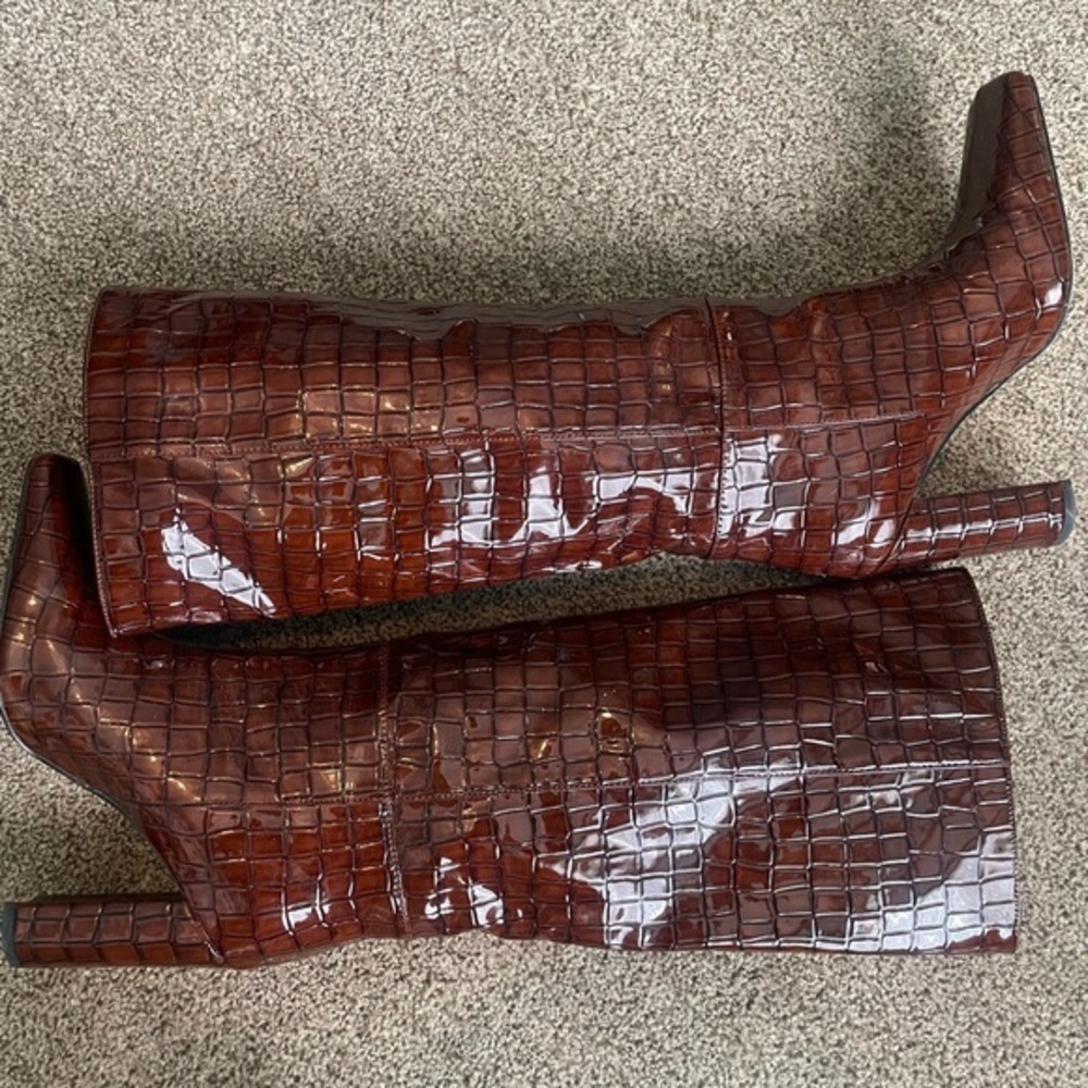 Faux croc knee high boots